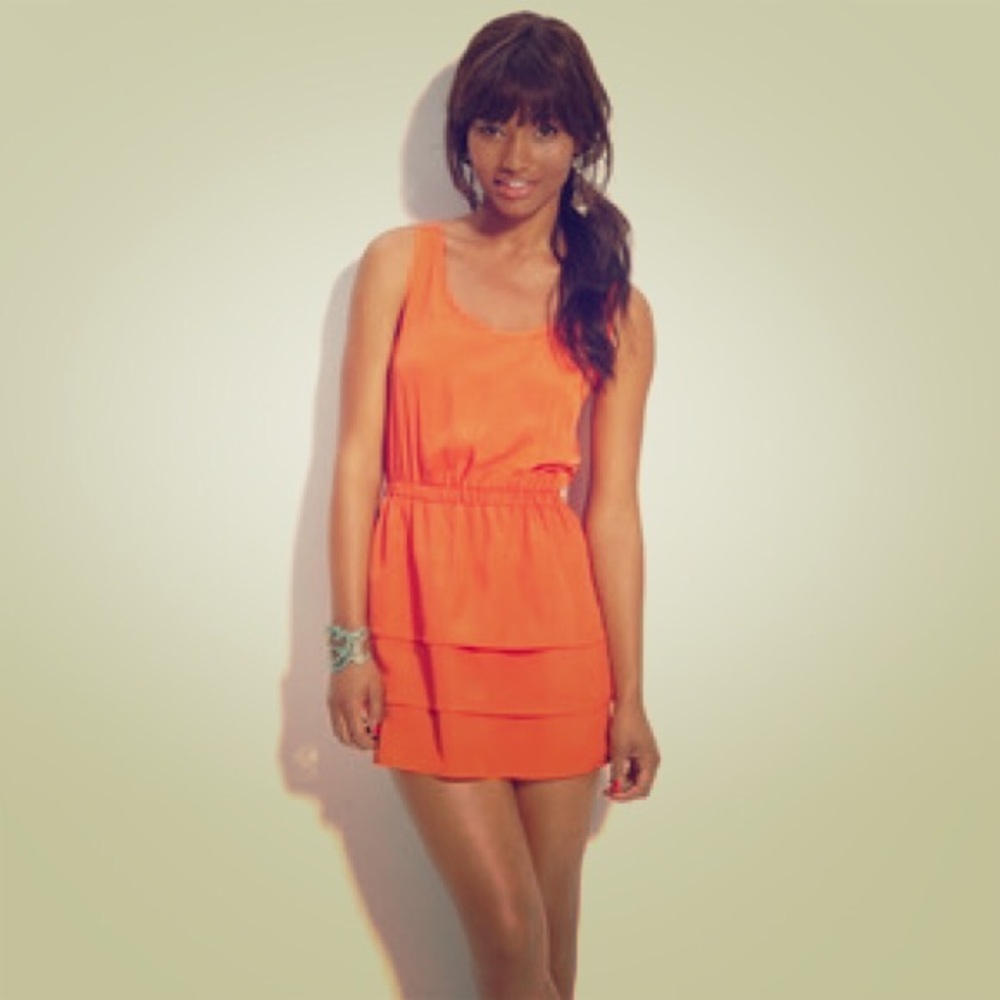 Chloe K Orange Layered Dress with Cinched Waist